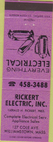 Matchbook Cover - Rickert Electric Williamstown MA purple