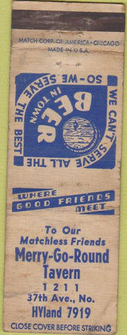 Matchbook Cover - Merry Go Round Tavern NO TWON POOR