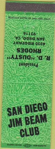 Matchbook Cover - San Diego Jim Beam Club San Diego CA green