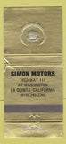 Matchbook Cover - Simon Motors Cadillac La Quinta CA WORN 30 Strike