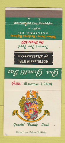 Matchbook Cover - Gus Genetti Hotel Motel Hazleton PA 30 Strike