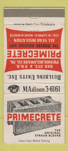 Matchbook Cover - Primerete Concrete Block Primos Delaware County PA 30 Strike