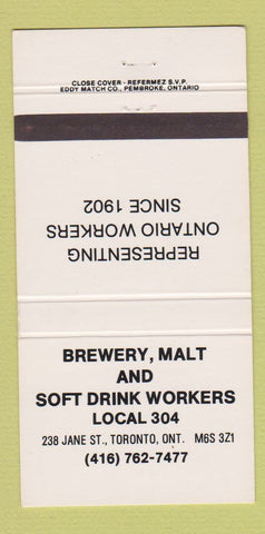 Matchbook Cover - Brewery Malt Soft Drink Workers Union Toronto ON 30 Strike