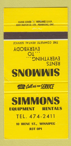 Matchbook Cover - Simmons Equipment Rentals Winnipeg MB 30 Strike