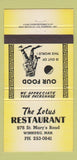 Matchbook Cover - Lotus Restaurant Winnipeg MB 30 Strike