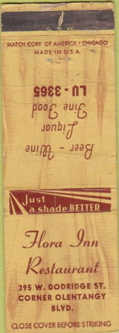 Matchbook Cover - Flora Inn Restaurant NO TOWN WORN