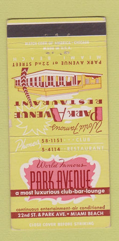 Matchbook Cover - Park Avenue Restaurant Miami Beach FL 30 Strike
