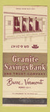 Matchbook Cover - Granite Savings Bank Barre VT WEAR 30 Strike