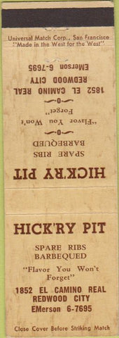 Matchbook Cover - Hickory Pit Redwood City CA BBQ