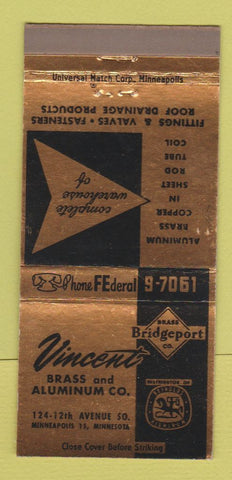 Matchbook Cover - Vincent Brass Aluminum Minneapolis MN 30 Strike