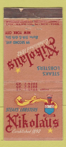 Matchbook Cover - Nikolaus Steaks Lobsters New York City WEAR 21 Strike Feature