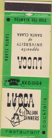 Matchbook Cover - Lucca Italian food Santa Clara CA
