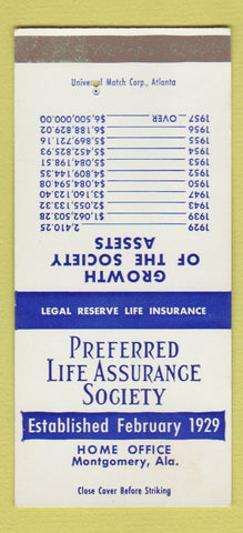 Matchbook Cover - Preffered Life Insurance Montgomery AL SAMPLE 30 Strike