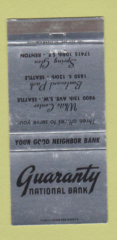 Matchbook Cover - Guaranty National Bank Seattle Renton WA WEAR 30 Strike
