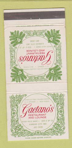 Matchbook Cover - Gaetano's Restaurant Lounge Kansas City MO WEAR 30 Strike