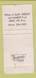 Matchbook Cover - Mario's Denver Colorado San Diego WEAR 30 Strike