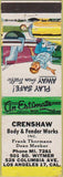 Matchbook Cover - Crenshaw Body Fender Works Los Angeles CA WEAR