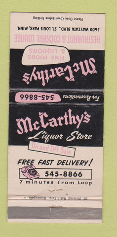 Matchbook Cover - McCarthy's Restaurant St Louis Park MN WORN 30 Strike