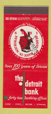 Matchbook Cover - Detroit Bank MI Indian 30 Stick