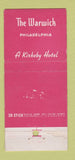 Matchbook Cover - Warwick Hotel Philadelphia PA 30 Stick