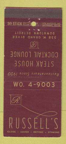 Matchbook Cover - Russell's Steak House Detroit MI 30 Stick