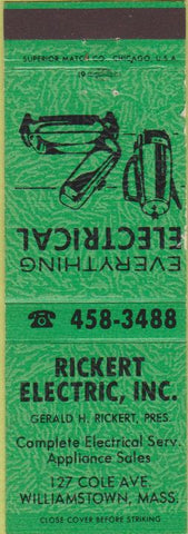 Matchbook Cover - Rickert Electric Williamstown MA green