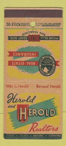 Matchbook Cover - Herold and Herold Real Estate San Francisco CA 30 Stick