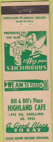 Matchbook Cover - Bill's Place Highland Cafe NO TOWN