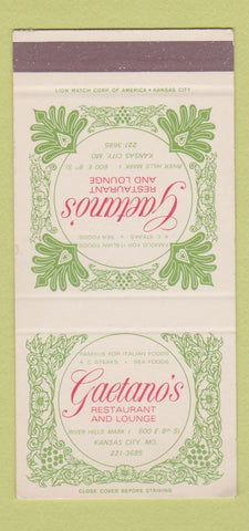 Matchbook Cover - Gaetano's Restaurant Kansas City MO SAMPLE 30 Strike