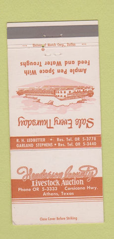 Matchbook Cover - Henderson County Livestock Auction Athens TX 30 Strike