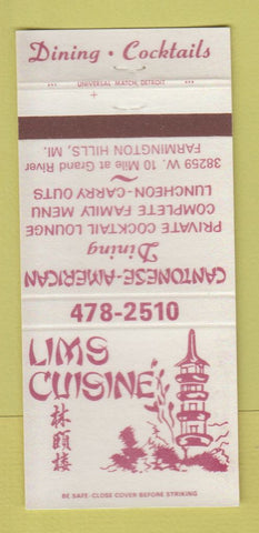 Matchbook Cover - Lims Chinese Restaurant Farmington Hills MI 30 Strike