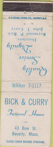 Matchbook Cover - Bick  and  Curry Funeral Home Beverly MA WEAR