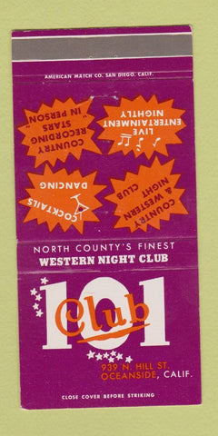 Matchbook Cover - 101 Club Oceanside CA 30 Strike