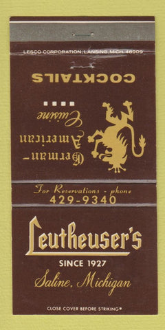 Matchbook Cover - Leutheuser's Restaurant Saline MI 30 Strike