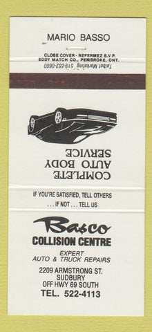 Matchbook Cover - Basco Collision Centre Sudbury ON 30 Strike