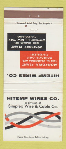 Matchbook Cover - Hitemp Wires Monrovia CA Westbury LI NY 30 Strike