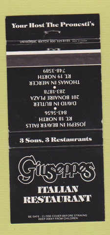 Matchbook Cover - Giuseppe's Italian Beaver Falls Butler Mercer PA 30 Strike