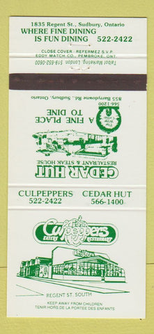 Matchbook Cover - Cedar Hut Culpeppers Sudbury ON WEAR 30 Strike