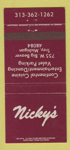 Matchbook Cover - Nicky's Restaurant Troy MI 30 Strike