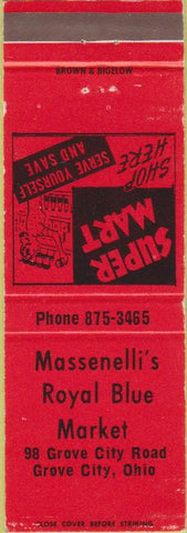 Matchbook Cover - Massenelli's Royal Blue Market Grove City OR red