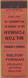 Matchbook Cover - Milton Forman Insurance Williamsport PA