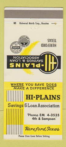 Matchbook Cover - Hi Plains Savings and Loan Hereford TX 30 Strike