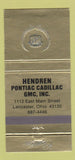 Matchbook Cover - Hendren Pontiac Cadillac Lancaster OH 30 Strike