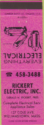 Matchbook Cover - Rickert Electric Williamstown MA pink
