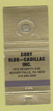 Matchbook Cover - Cory Oldsmobile Cadillac Beaver Falls PA 30 Strike