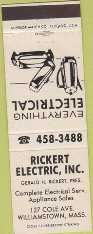 Matchbook Cover - Rickert Electric Williamstown MA white