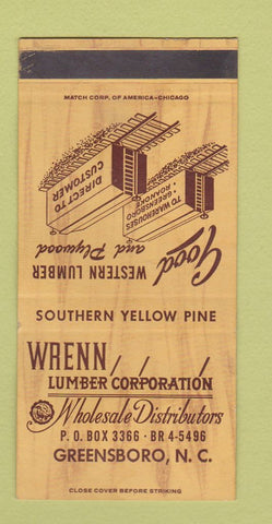 Matchbook Cover - Wrenn Lumber Greensboro NC SAMPLE 30 Strike