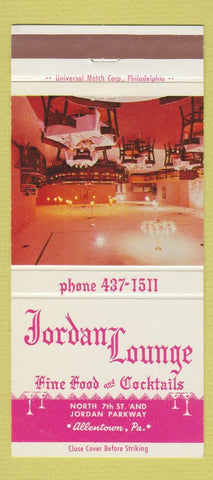 Matchbook Cover - Jordan Lounge Restaurant Allentown PA 30 Strike