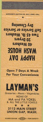 Matchbook Cover - Layman's Union Gap WA grocery laundry peach