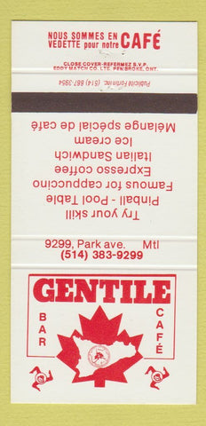 Matchbook Cover - Gentile Cafe Bar Montreal QC billiards pinball 30 Strike